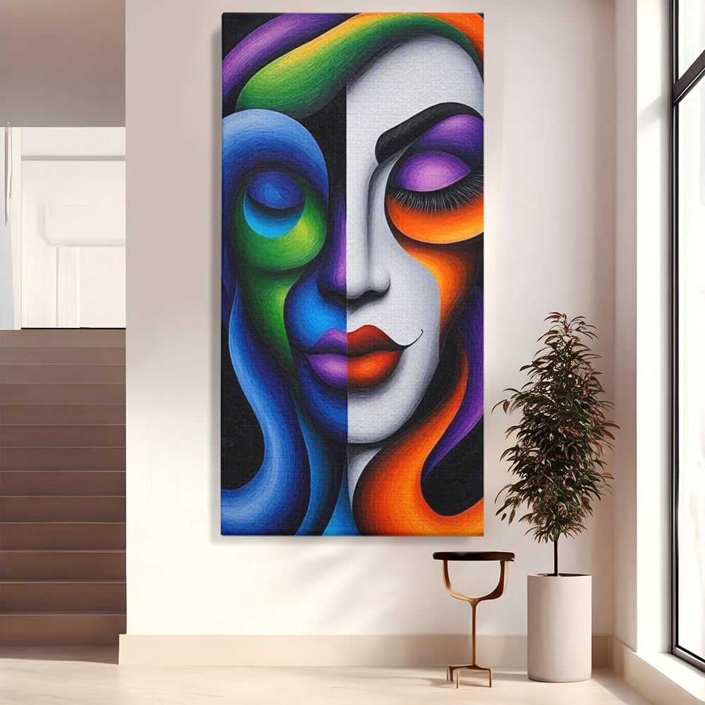 Tablou canvas cu portret abstract feminin bicolor, fara rama, pe sasiu de lemn